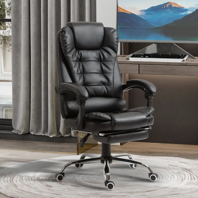 HOMCOM High Back Ergonomic Executive Office Chair, PU Leather Computer Chair with Retractable Footrest, Lumbar Support, Padded Headrest and Armrest, Black