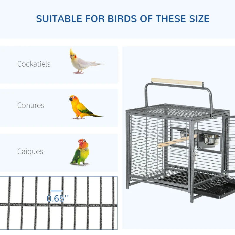 PawHut 19" Travel Bird Cage Parrot Carrier with Handle Wooden Perch for Cockatiels, Conures, Black