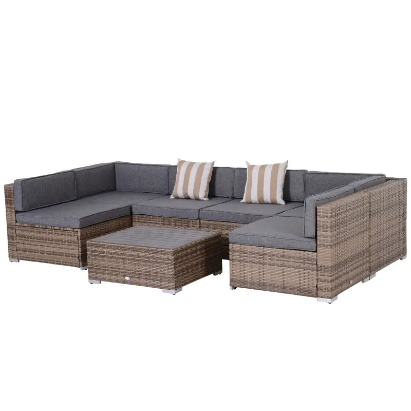 Outsunny 7 Piece Outdoor Patio Furniture Set, PE Rattan Wicker Sectional Sofa Patio Conversation Sets with Couch Cushions, Throw Pillows and Slat Coffee Table, Stripe, Beige