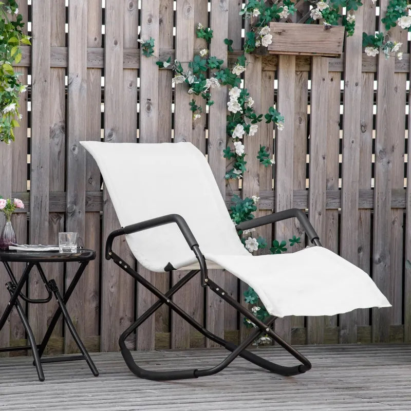 Outsunny Outdoor Folding Rocking Chair, Foldable Chaise Lounge Pool Chair with Armrests for Sun Tanning, Sunbathing, Rocker for Patio, Lawn, Beach, Cream White