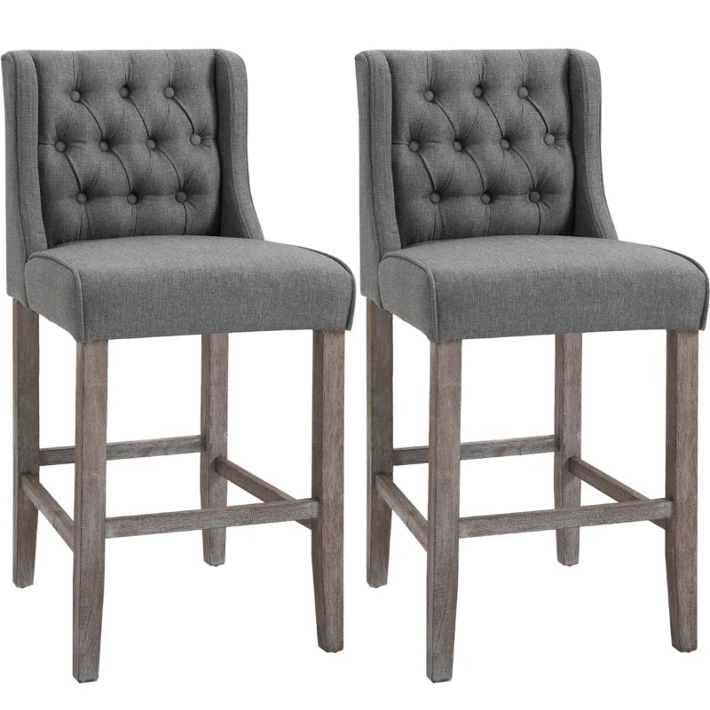 HOMCOM 26.25" Counter Height Bar Stools, Tufted Wingback Armless Upholstered Dining Chair with Rubber Wood Legs, Set of 2, Gray