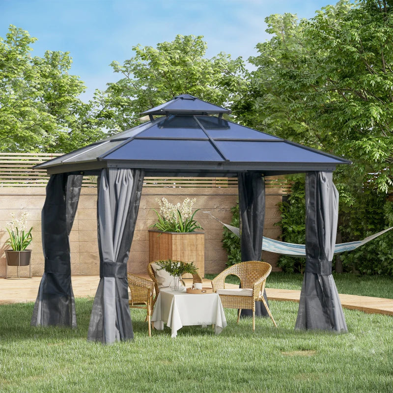 Outsunny 10' x 12' Hardtop Gazebo Canopy with Polycarbonate Double Roof, Aluminum Frame, Permanent Pavilion Outdoor Gazebo with Netting and Curtains for Patio, Garden, Backyard, Deck, Lawn, Gray