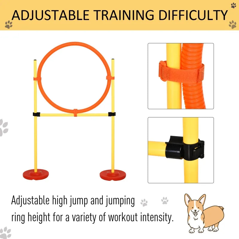 PawHut 3PCs Dog Agility Training Equipment, Outdoor Obstacle Course Starter Kit with Hoop, Hurdle, Weave Poles and Carrying Bag