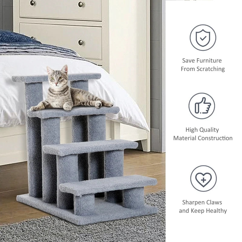 PawHut 25" 4-Step Multi-Level Carpeted Cat Scratching Tree Kitty Activity Center Post Tower Condo Pet Stairs Furniture with Toy - Grey