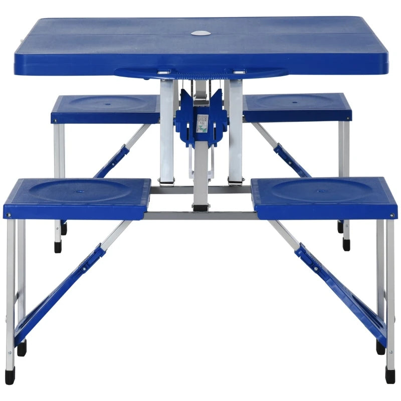 Outsunny 53" Camping Table with 4 seat Plastic Portable Compact Folding Suitcase Picnic Table Set with Umbrella Hole - Blue