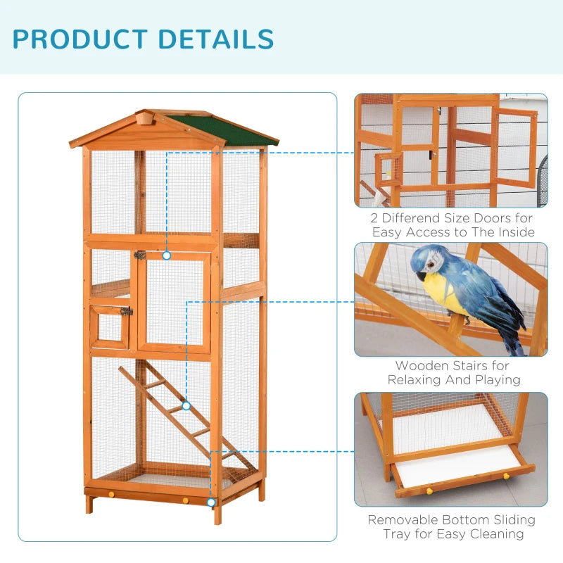PawHut 72" Large Wooden Bird Aviary Cage w/ Perches Lockable Door and Nest Window