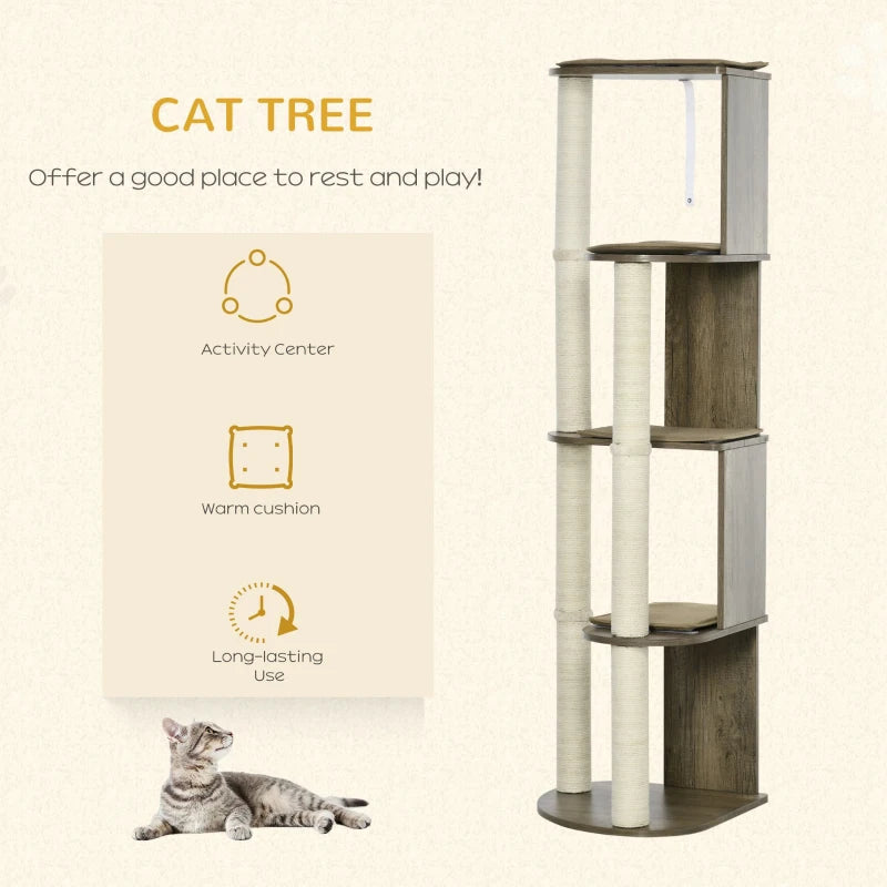 PawHut Cat Litter Box Enclosure Furniture with Cat Tree, Hidden Litter Box with Scratching Post, Bed, Modern Cat House Indoor, Gray