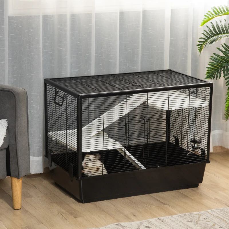 PawHut 41" L Small Animal Cage Rabbit Guinea Pig Hutch Pet Play House with Feeder, Rolling Wheels, Platform, Ramp