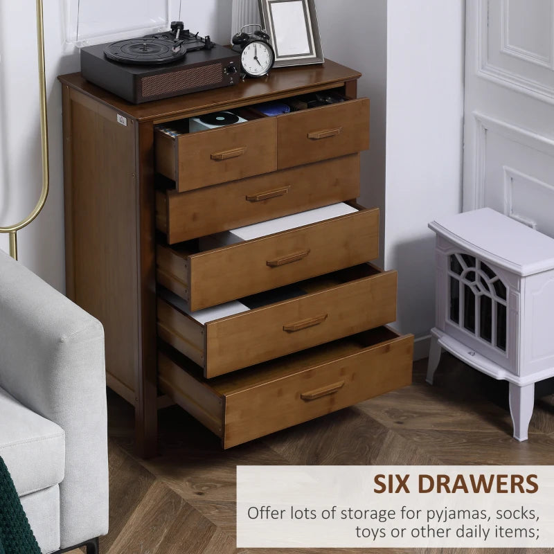 HOMCOM Tall Dresser for Bedroom, 6 Drawer Dresser, Chest of Drawers with Bamboo Frame, Brown