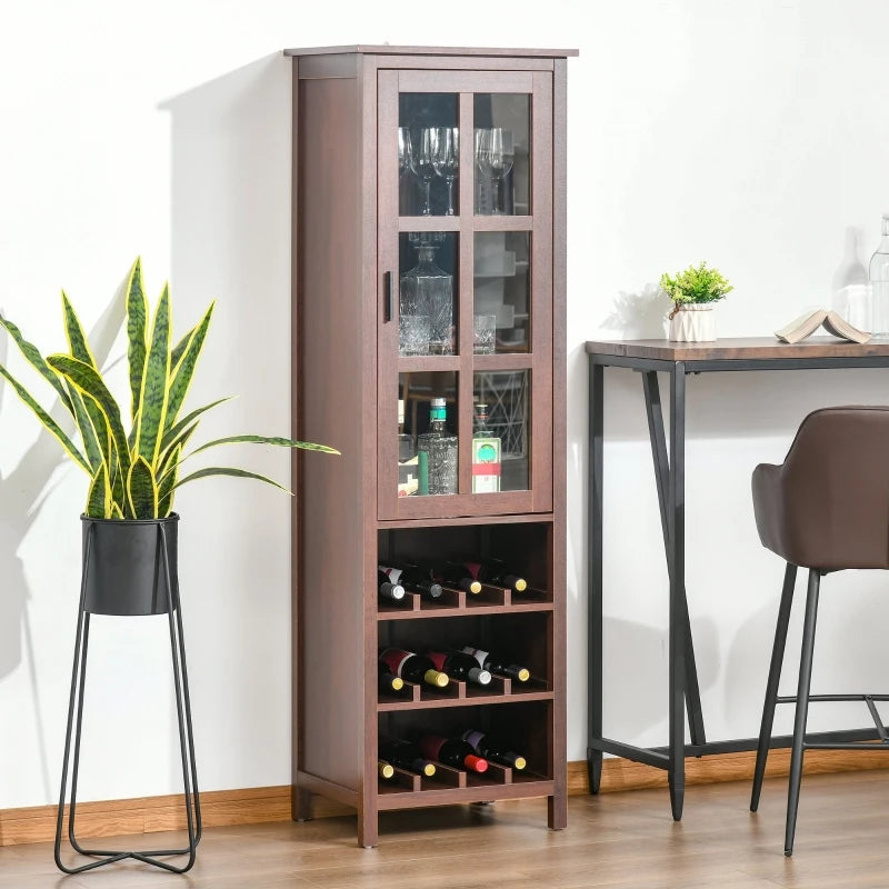HOMCOM Tall Wine Cabinet, Bar Display Cupboard with 12-Bottle Wine Rack, Glass Door and 3 Storage Compartment for Living Room, Home Bar, Dining Room, Walnut