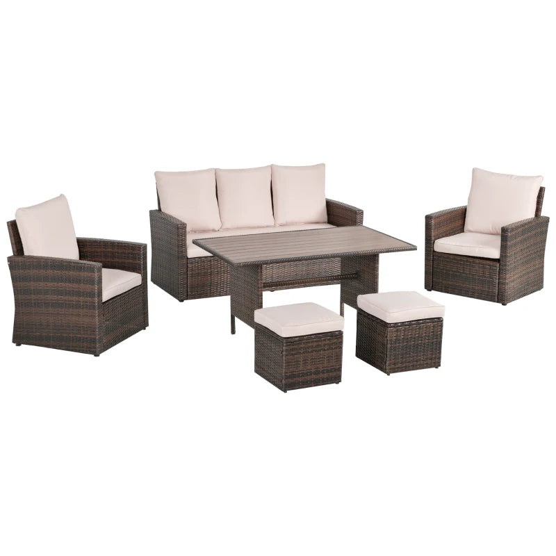 Outsunny 6 PCS Patio Dining Set All Weather Rattan Wicker Furniture Set with Wood Grain Top Table and Soft Cushions, Beige