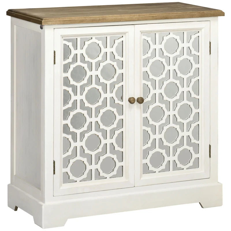 HOMCOM Farmhouse Sideboard Buffet Cabinet, Kitchen Storage Cabinet, Accent Cabinet with Double Glass Doors and Solid Wood Countertop for Kitchen, Living Room, White