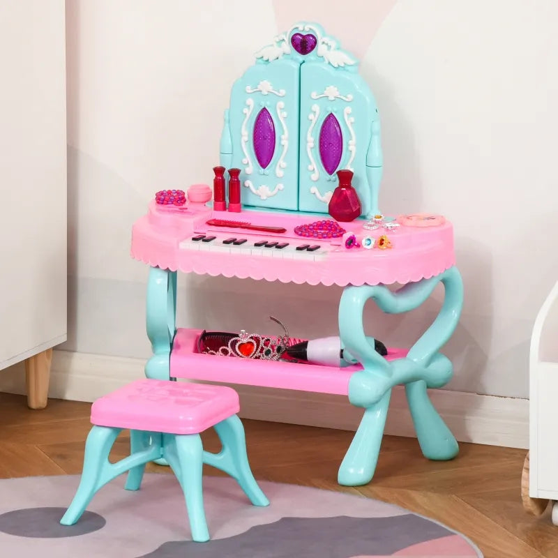 Qaba 2 In 1 Musical Piano Kids Dressing Table Set w/ Light, for 3-6 Year Olds