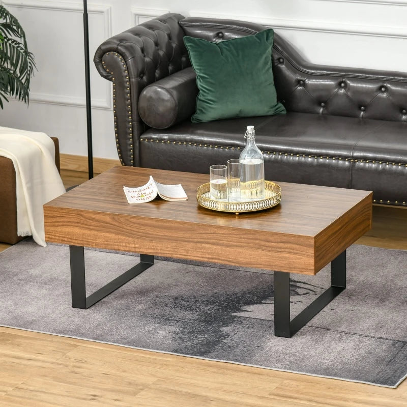 HOMCOM Mid-century Modern Coffee Table with Storage Drawer, Metal Sled Designed Legs and Wood Grain Surface for Living Room, Walnut