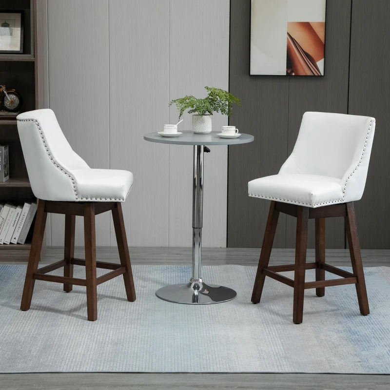 HOMCOM 28" Swivel Bar Height Bar Stools Set of 2, Armless Upholstered Barstools Chairs with Nailhead Trim and Wood Legs, White