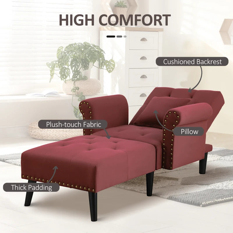 HOMCOM 2-In-1 Chaise Lounge Indoor with Rolled Armrest, Nailhead Trim and Button Tufting, Adjustable Velvet Fabric Upholstered Sofa for Bedroom and Living Room, Red