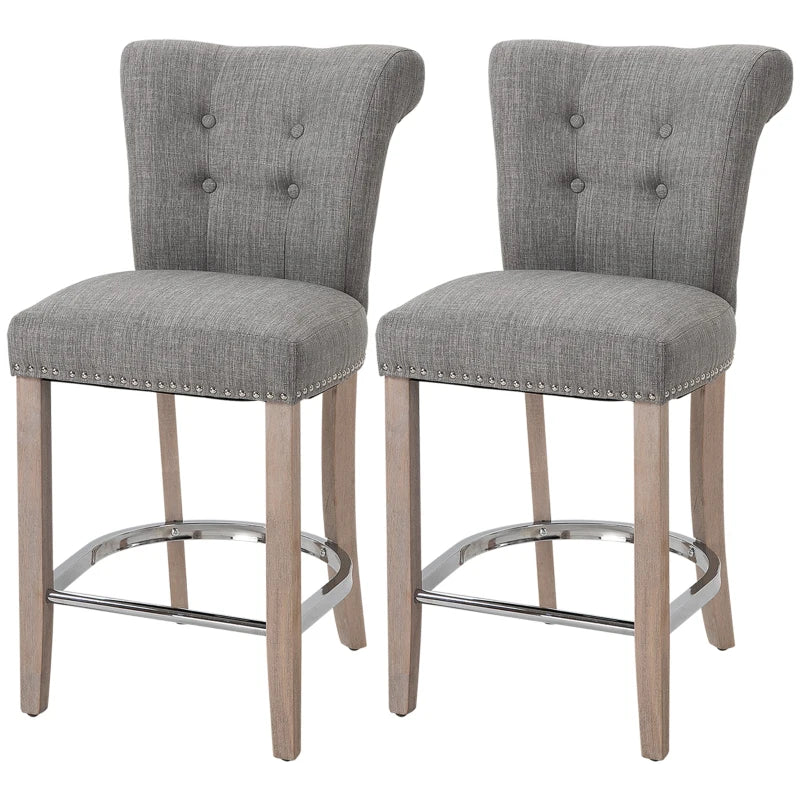 HOMCOM 26"Counter Height Bar Stools Set of 2, Linen Upholstered Tufted Dining Chairs with Steel Footrest, and Solid Wood Legs, Grey