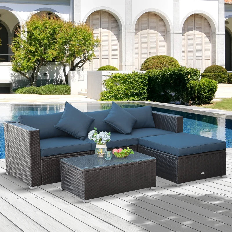 Outsunny 5-Piece Outdoor Sectional Furniture, Patio All-Weather PE Rattan Wicker Couch Sofa Sets with Cushions, Pillows, Glass Coffee Table,  for Garden, Backyard, Blue