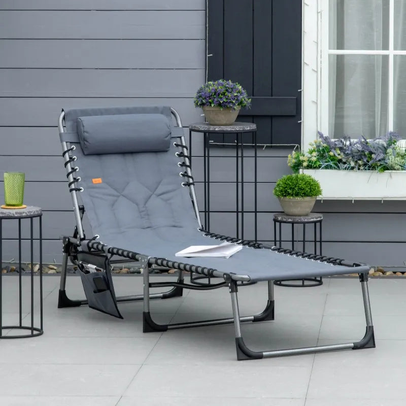 Outsunny Outdoor Folding Chaise Lounge Chair, Portable Lightweight Reclining Garden Sun-Bathing Lounger with Five-Position Adjustable Backrest, Pillow, Side Pocket, Grey