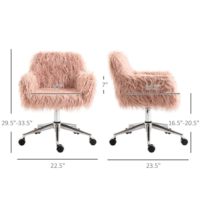 Vinsetto Faux Fur Desk Chair, Swivel Vanity Chair with Adjustable Height and Wheels for Office, Bedroom, Pink