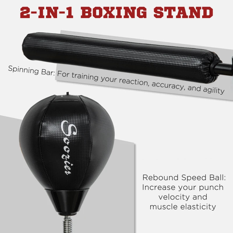 Soozier 5'4"- 6'8" Speed Punching Bag, Boxing Bag Stand with Reaction Bar Challenge, Reflex Bag, Boxing Training Equipment with Suction Cups, MMA Equipment, Black