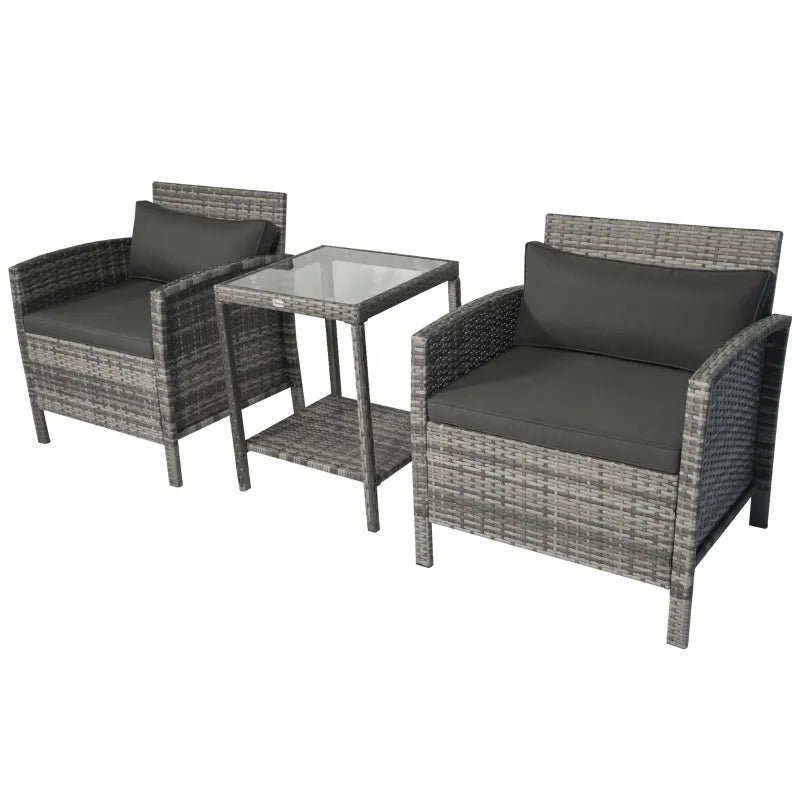 Outsunny 3 Piece Patio Furniture Set, PE Rattan Wicker Table, And Chairs, Conversation Set w/ Washable Cushion and Tempered Glass Tabletop for Outdoor Garden, Gray