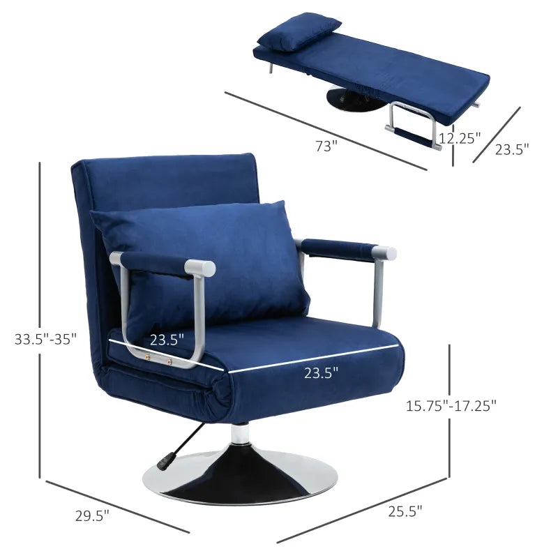 HOMCOM 3-N-1 Sofa Chair Bed with 5-Position Adjustable Backrest and Seat Height, Thick Sponge Padding with Pillow - Blue