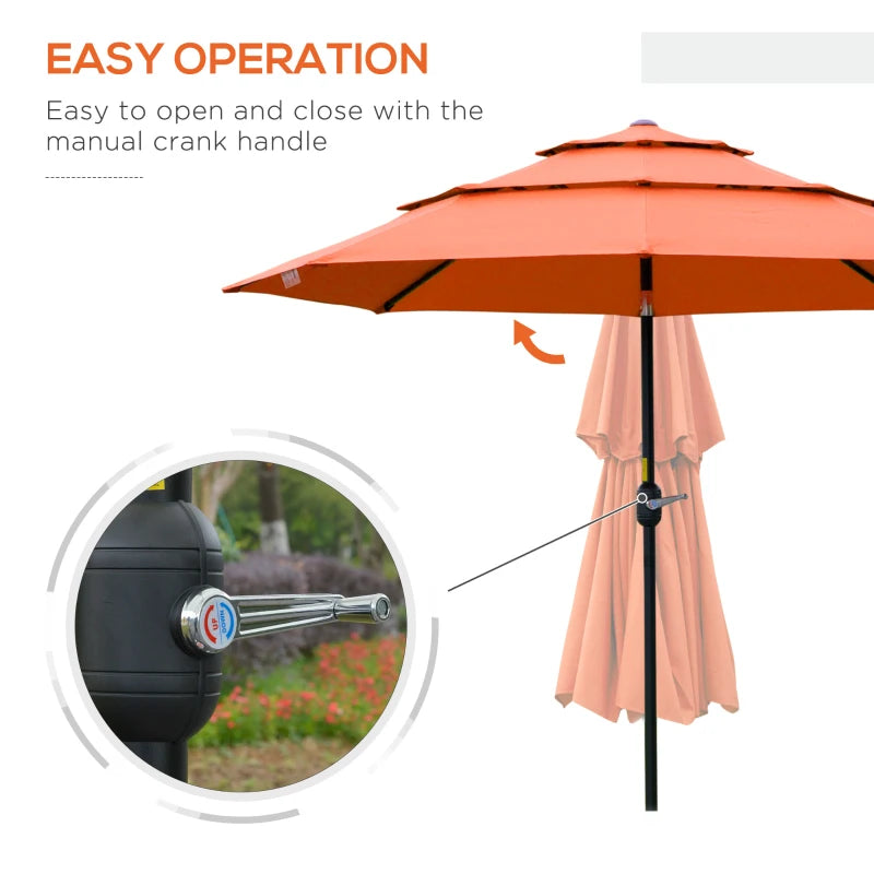 Outsunny 9' 3-Tier Patio Umbrella, Outdoor Market Umbrella with Crank and Push Button Tilt for Deck, Backyard and Lawn, Beige
