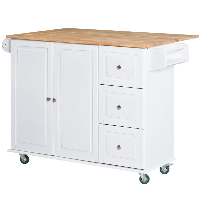 HOMCOM Mobile Kitchen Island Storage Trolley Cart on Wheels with Dropleaf Top, Towel/Spice Rack, 3 Drawers, 2-Door Cabinet, White