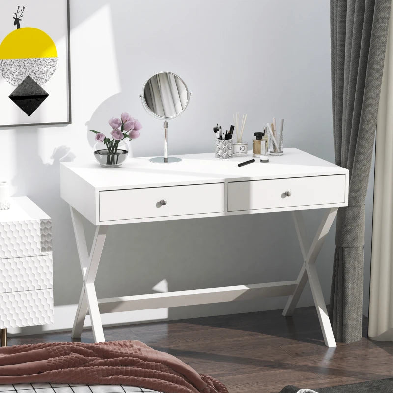 HOMCOM Modern Writing Desk, White Computer Desk, Vanity Makeup Table with Two Drawers, X-shaped Leg for Home Office, Bedroom