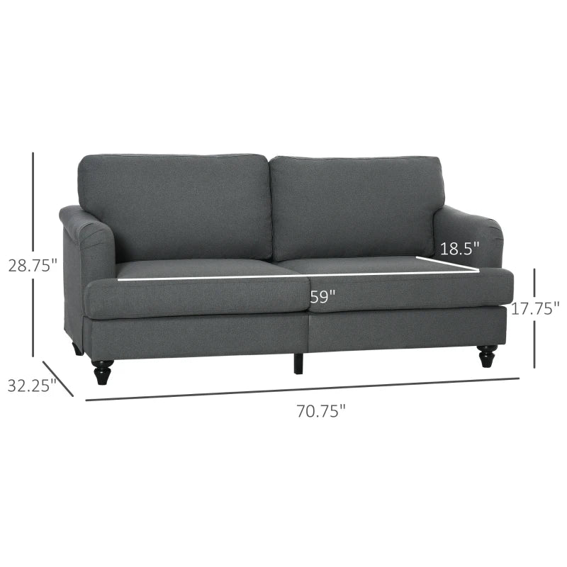 HOMCOM 3-Seater Sofa Couch, 71" Modern Linen Fabric Sofa with Rubber Wood Legs and Slatted Frame for Living Room, Bedroom and Apartment, Gray
