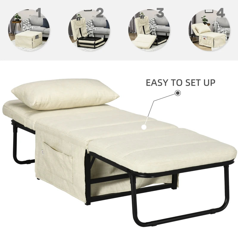 HOMCOM Folding Sofa Bed, 4-in-1 Multi-Function Sleeper Chair Bed Ottoman with Adjustable Backrest, Pillow, Side Pocket for Home Office, Bedroom, Living Room, Cream White