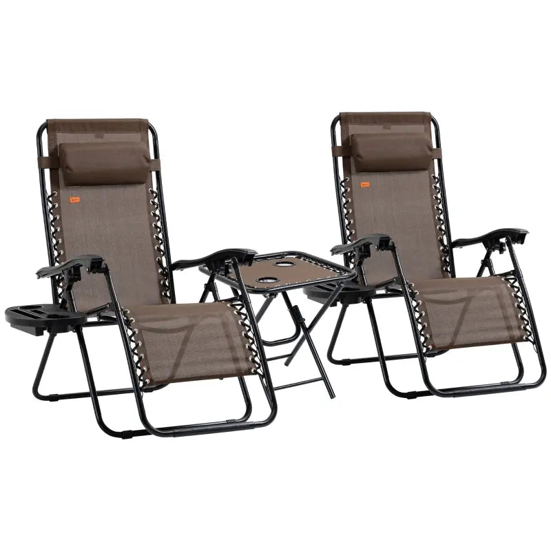 Outsunny Zero Gravity Chairs Set of 2 with Folding Table & Cup Holder Trays, Reclining Chaise Lounge Pool, Camping & Patio Chairs, Pillows, Brown
