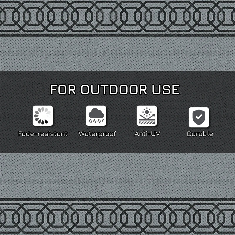 Outsunny Reversible Outdoor Rug Carpet, 9' x 12' Waterproof Plastic Straw Rug, Portable RV Camping Rugs with Carry Bag, Large Floor Mat for Backyard, Deck, Picnic, Beach, Black & Gray Border