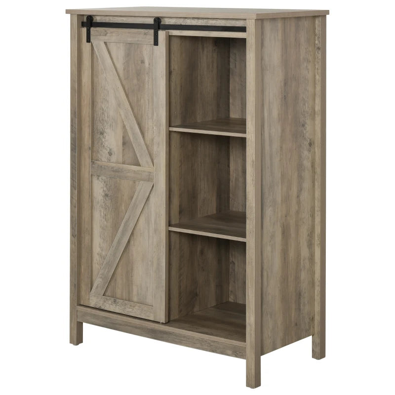 HOMCOM Farmhouse Accent Cabinet, Kitchen Cupboard Storage Cabinet, 3-Tier Organizer with Barn Door and Adjustable Shelf, Antique Grey