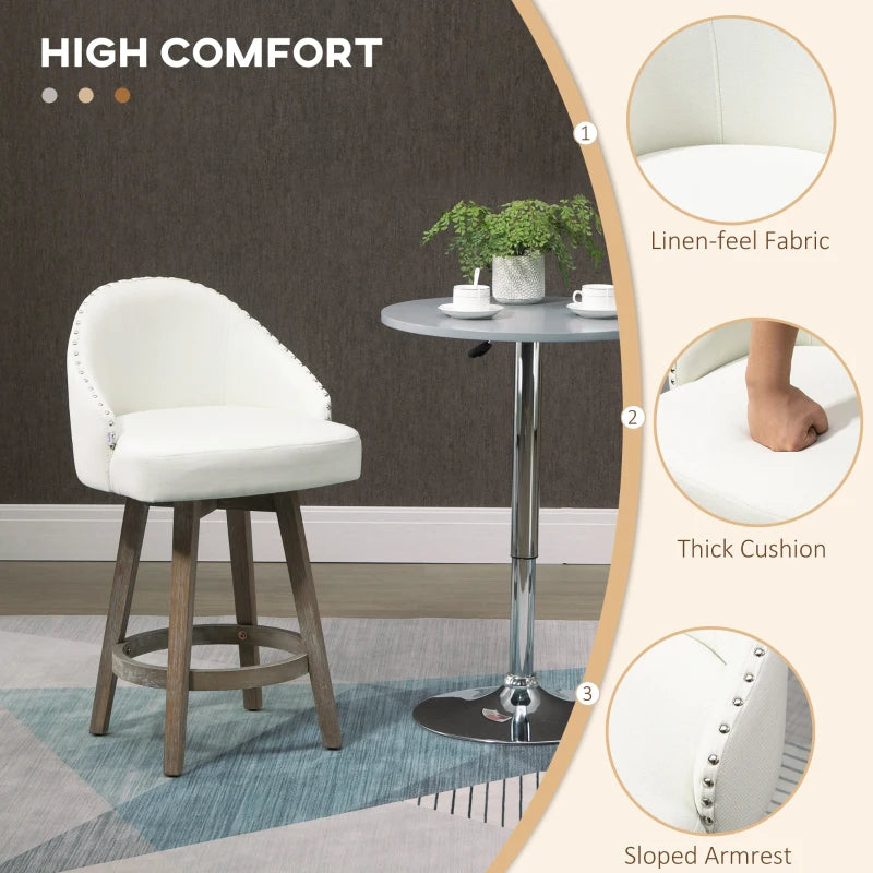 HOMCOM 26" Counter Height Bar Stools, Linen Fabric Kitchen Stools with Nailhead Trim, Rubber Wood Legs and Footrest for Dining Room, Counter, Pub, Set of 4, Cream White