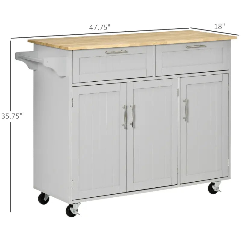 HOMCOM 48" Modern Kitchen Island Cart on Wheels with Storage Drawers, Rolling Utility Cart with Adjustable Shelves, Cabinets and Towel Rack, Grey