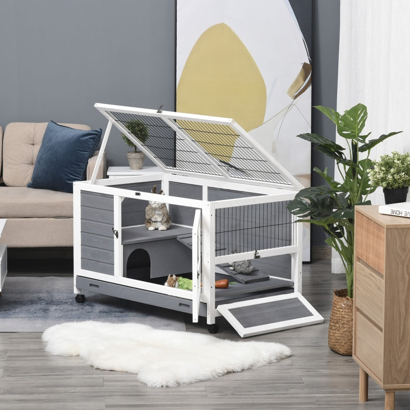 PawHut Wooden Rabbit Hutch Elevated Pet Bunny House with Slide-Out Tray Indoor Grey