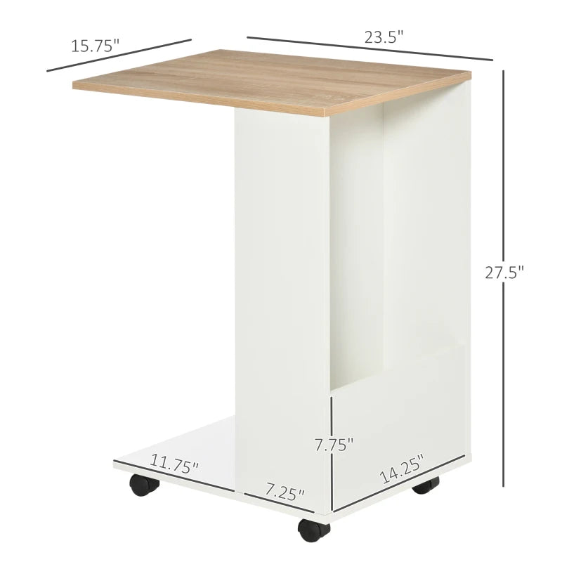 HOMCOM C-Shaped Sofa End Table Coffee Table w/ Storage Shelves, 4 Wheels, Grey