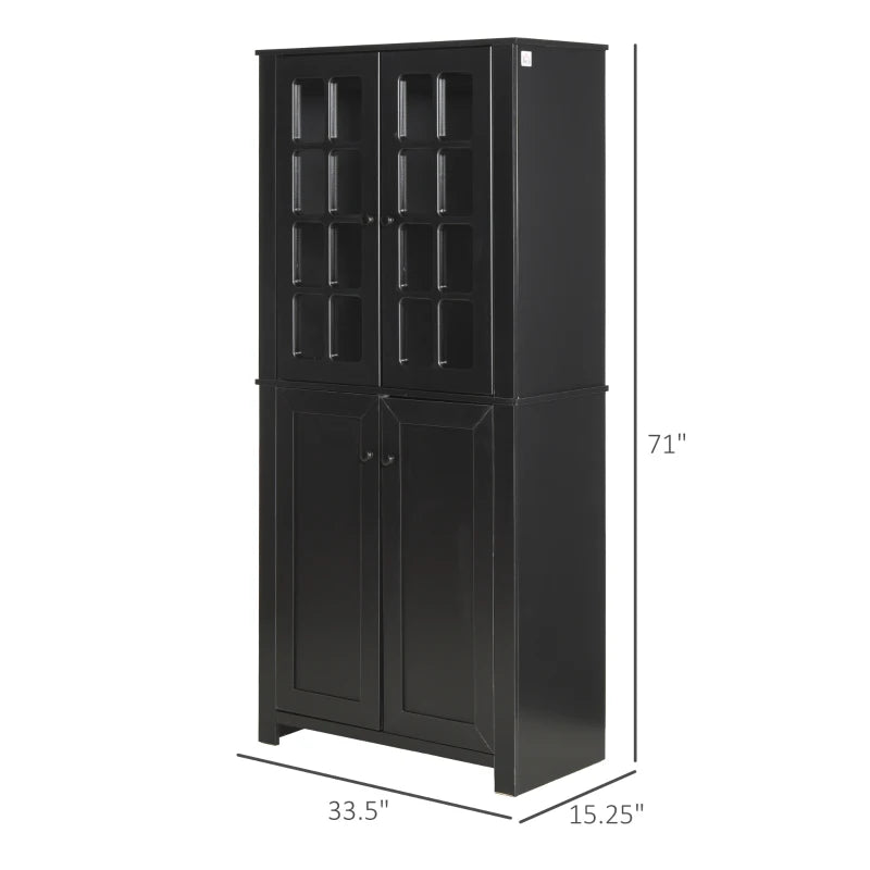 HOMCOM 71" Freestanding Kitchen Pantry Cabinet with Glass Door and Shelves, Tall Cupboard for Dining Room, Living Room, Black