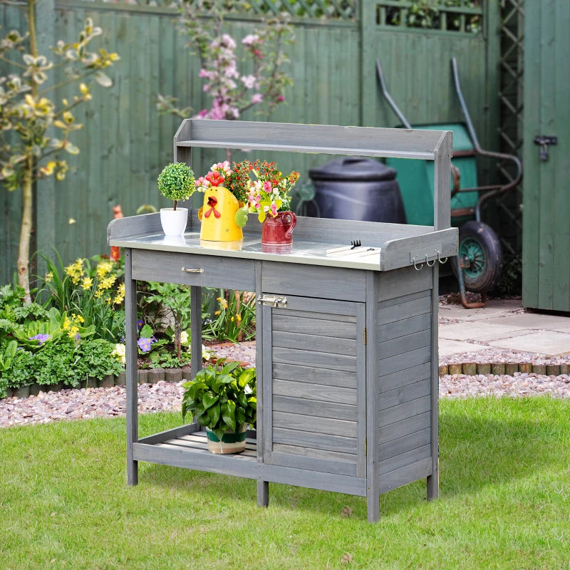 Outsunny Garden Potting Bench Table with Lockable Storage Cabinet and Open Shelf, Outdoor Planting Workstation with Steel Tabletop, Natural