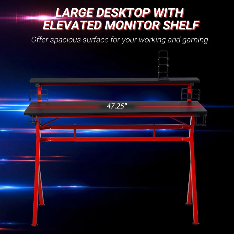 HOMCOM 53" Gaming Desk, Racing Computer Desk with Monitor Shelf, Gamepad Rack, Cup Holder, Headphone Hook, and Cable Basket, Red