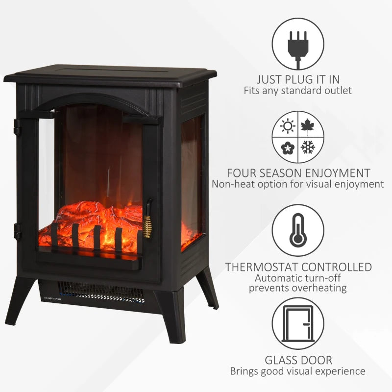 HOMCOM Electric Fireplace Heater, Fireplace Stove with Realistic LED Flames and Logs and Overheating Protection, 750W/1500W, Black