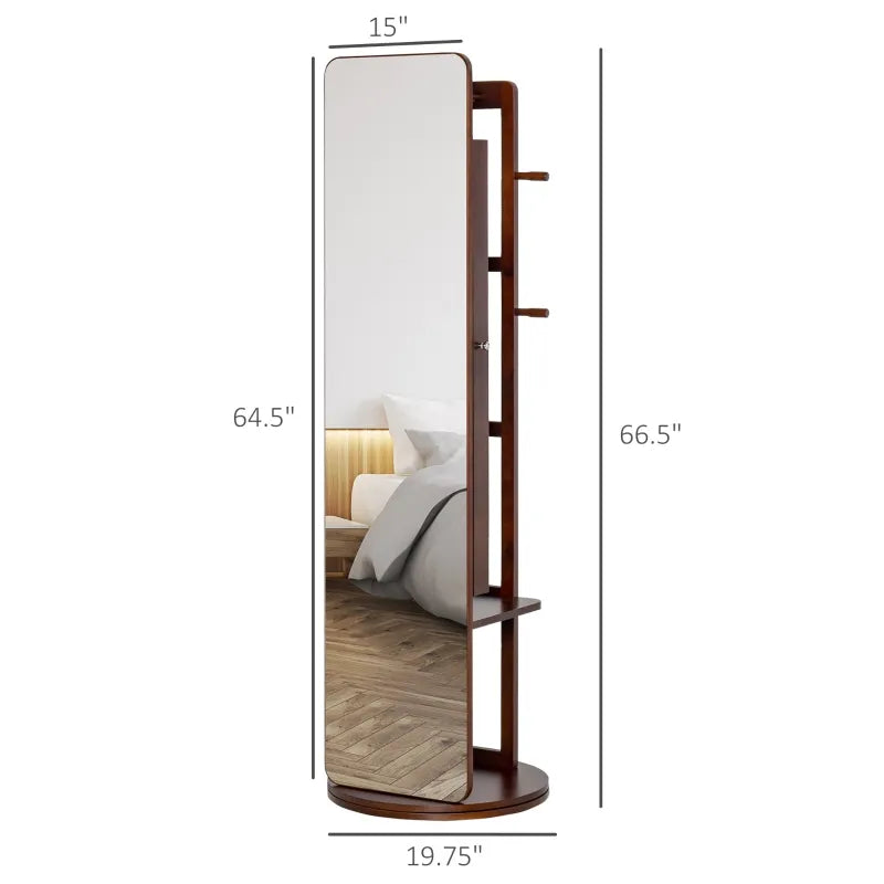 HOMCOM Full Length Glass Mirror with Hidden Jewelry Cabinet and Pine Wood Clothing Rack, Coffee Brown