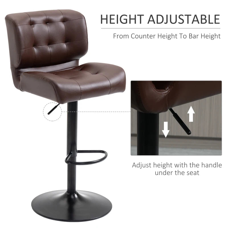 HOMCOM Bar Height Bar Stools Set of 2 with Adjustable Seat, Thick Padded Cushion and Metal Footrest for Home Bar, Brown