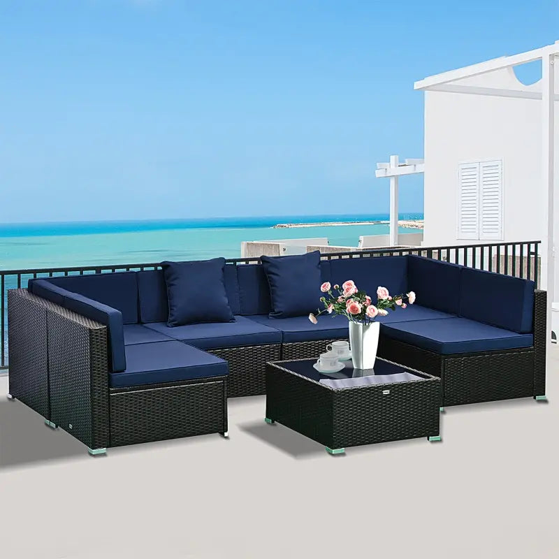 Outsunny 7 Piece Outdoor Patio Furniture Set, PE Rattan Wicker Sectional Sofa Set with Couch Cushions, Throw Pillows and Coffee Table, Turquoise