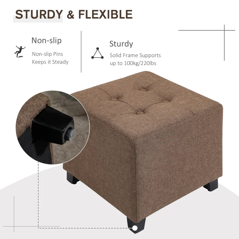 HOMCOM Tufted Ottoman Linen-Touch Fabric Upholstered Footrest Stool with Anti-Slip Pads - Brown