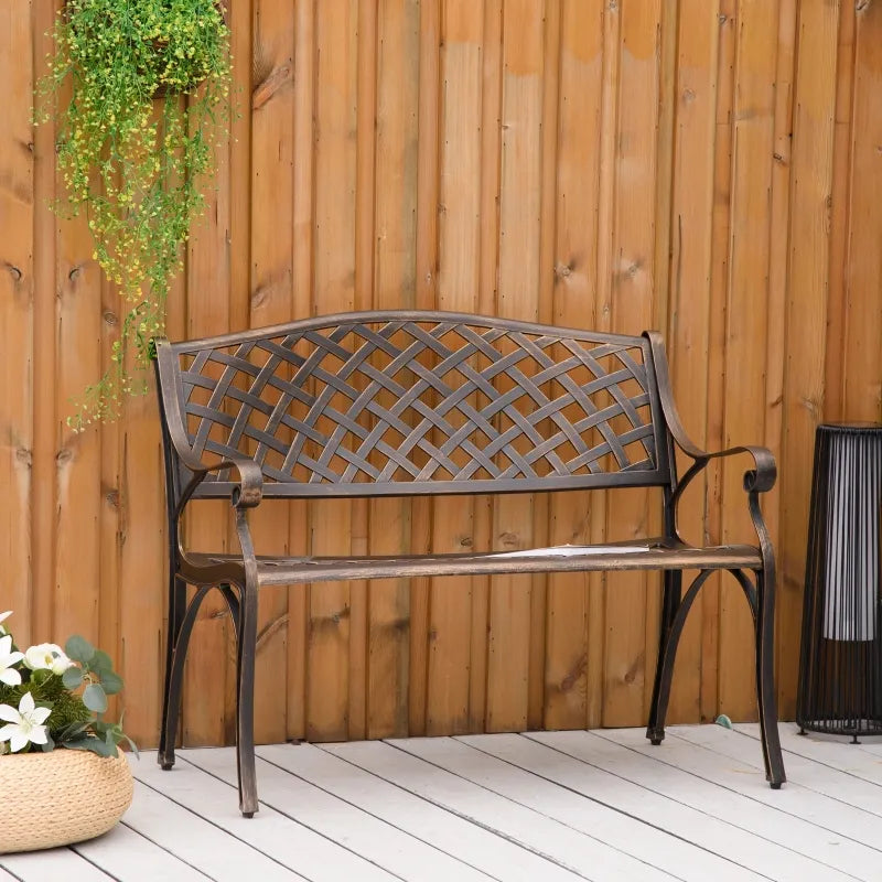 Outsunny Cast Aluminum Outdoor Garden Bench 2 Seater Antique Patio Loveseat, Verdigris