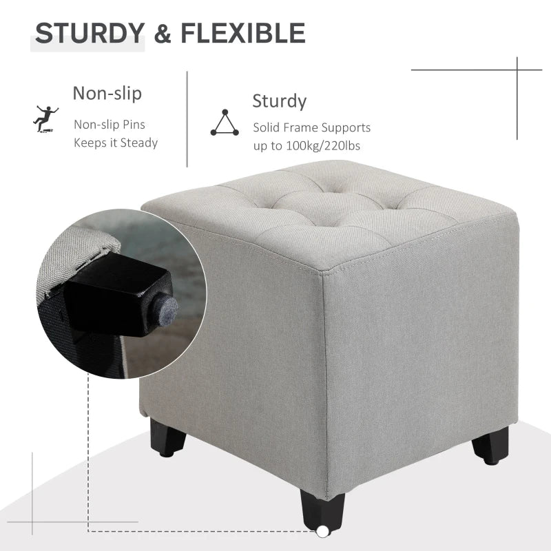 HOMCOM Tufted Ottoman Linen-Touch Fabric Upholstered Footrest Stool with Anti-Slip Pads, Light Grey