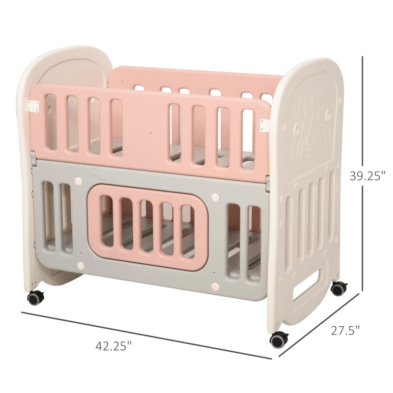 Qaba Convertible Crib with Wheels, Bedside Bassinet Use, and Rocking Cradle Abilities, Baby Crib without Mattress, Colors for Baby Boy or Baby Girl, Bassinet Crib, Pink